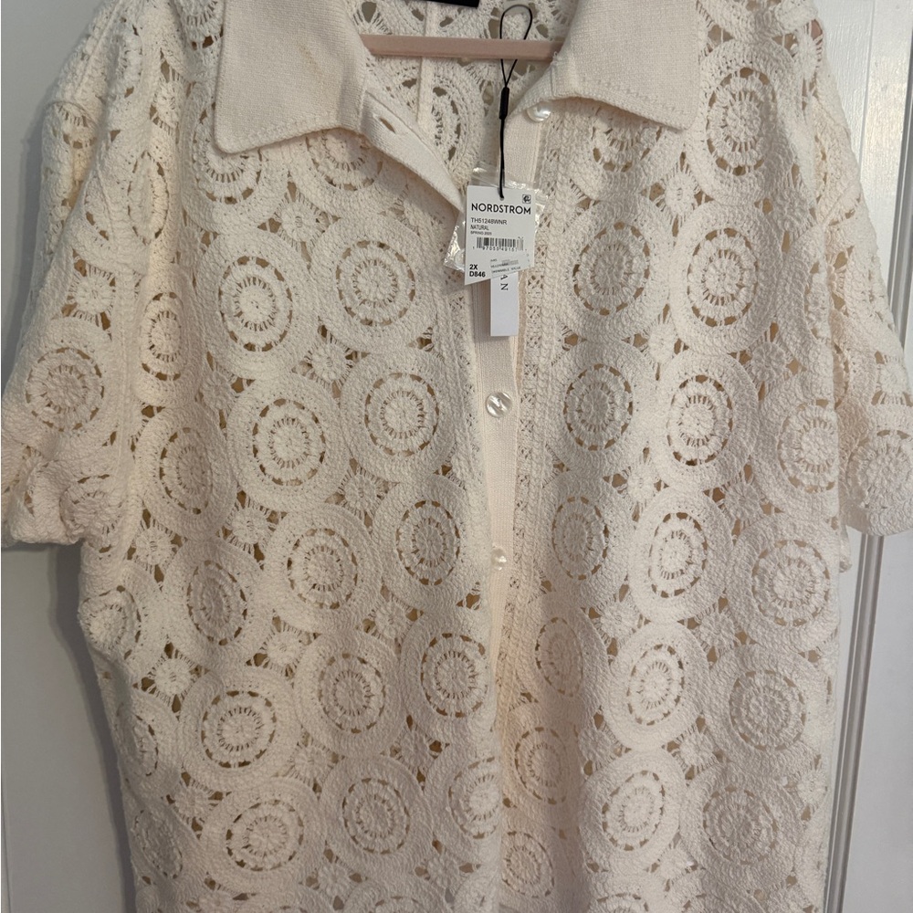 TAHARI WOMAN Ivory Crochet Button-Up Top